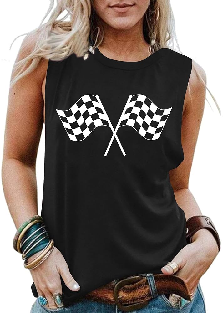PICKID Racing Tank Tops for Women: Checkered Flag Graphic
